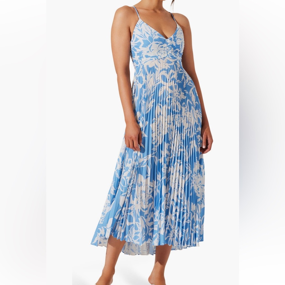 Astr Blue and White Blythe Pleated Midi Dress